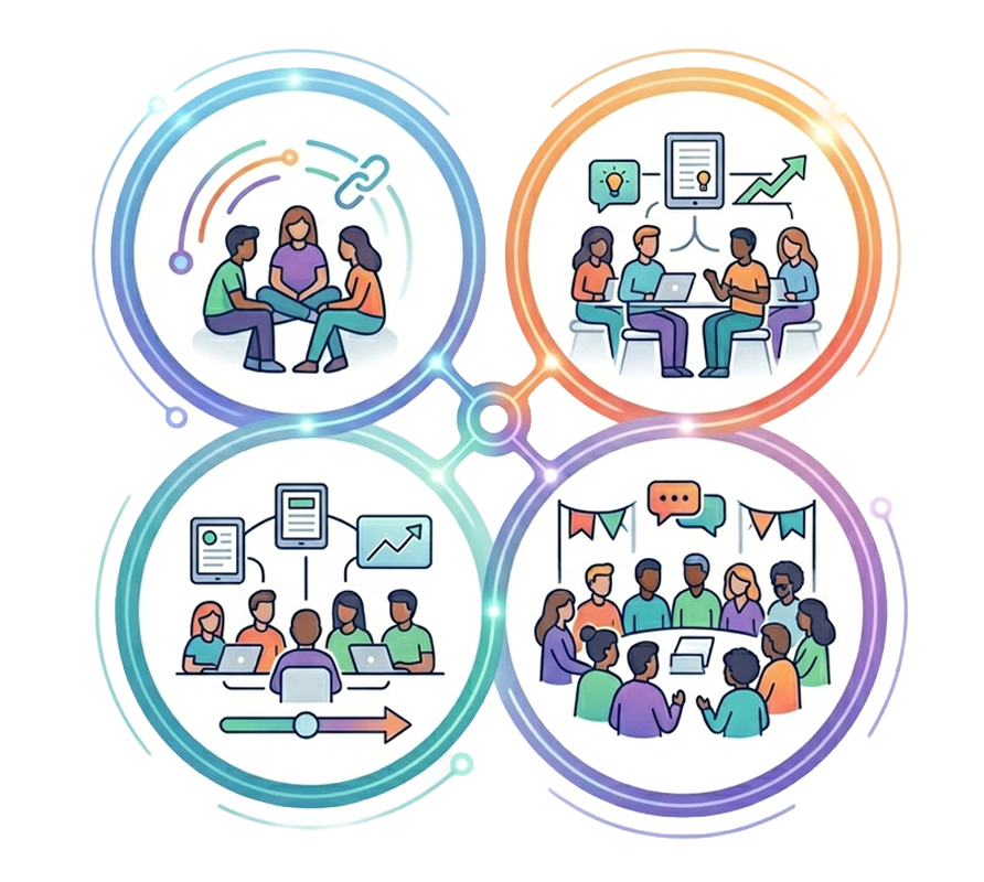 Four bubbles with people talking in each bubble