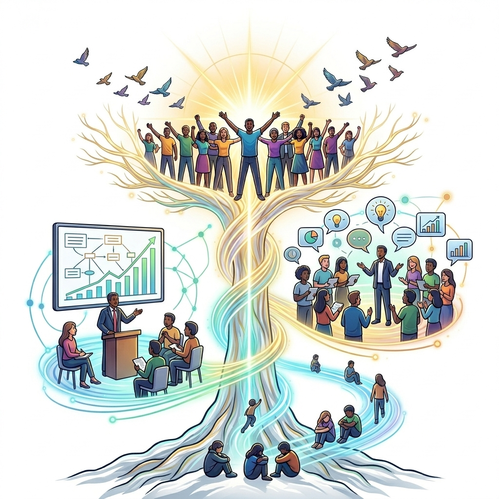 People swirling around a tree reaching the top