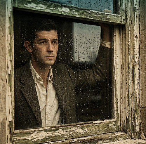 man sad watching rain