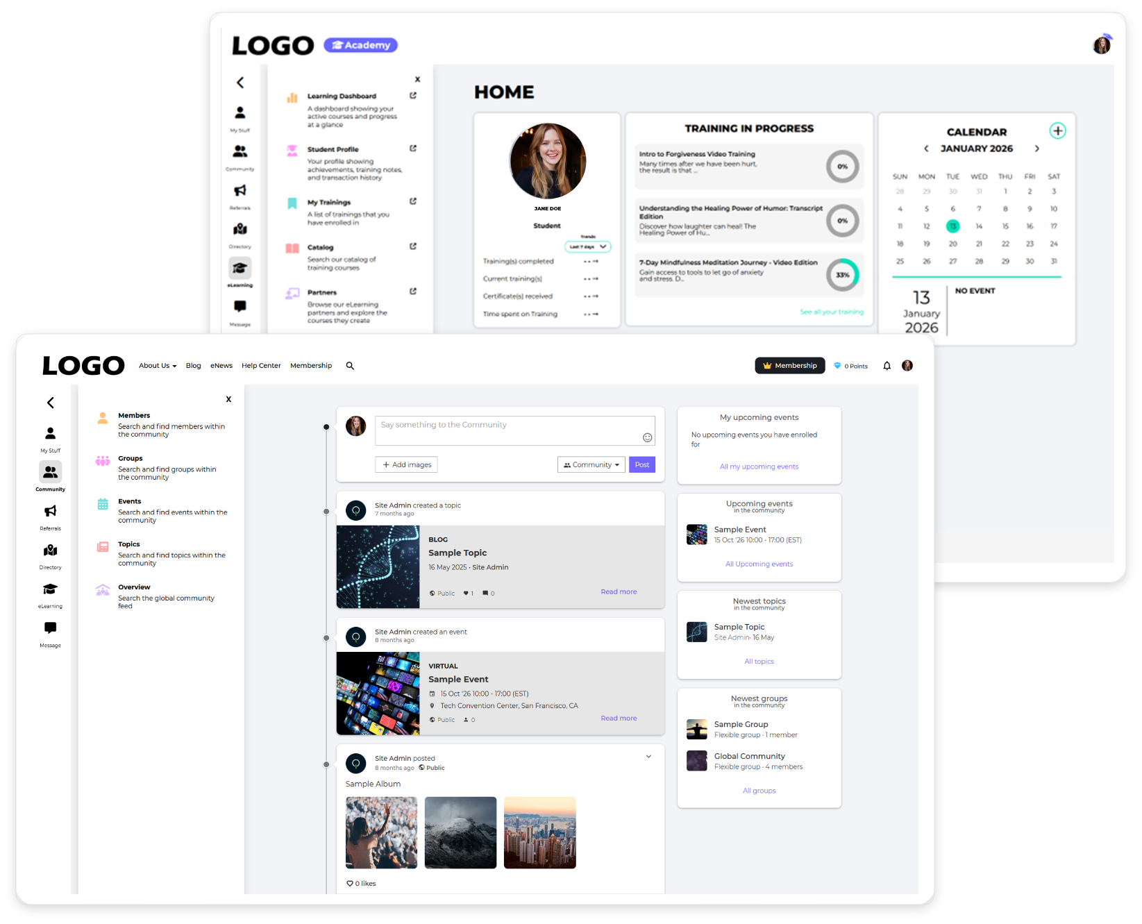 Two examples of the software showing a sidebar with community features